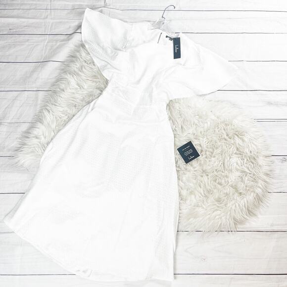 Lulu’s Cabaret Queen White Polka Dot Embossed Satin Backless Midi Dress Sz Small - Picture 2 of 6